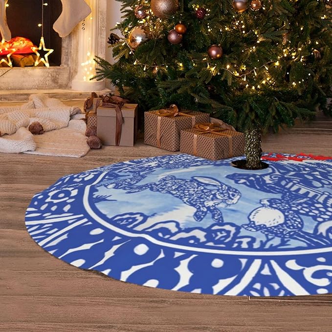 48" Large Christmas Tree Skirt Blue Oriental Rabbit Whimsical Pattern Tree Mat Base Cover for Xmas Festive Holiday Party Decoration Ornaments