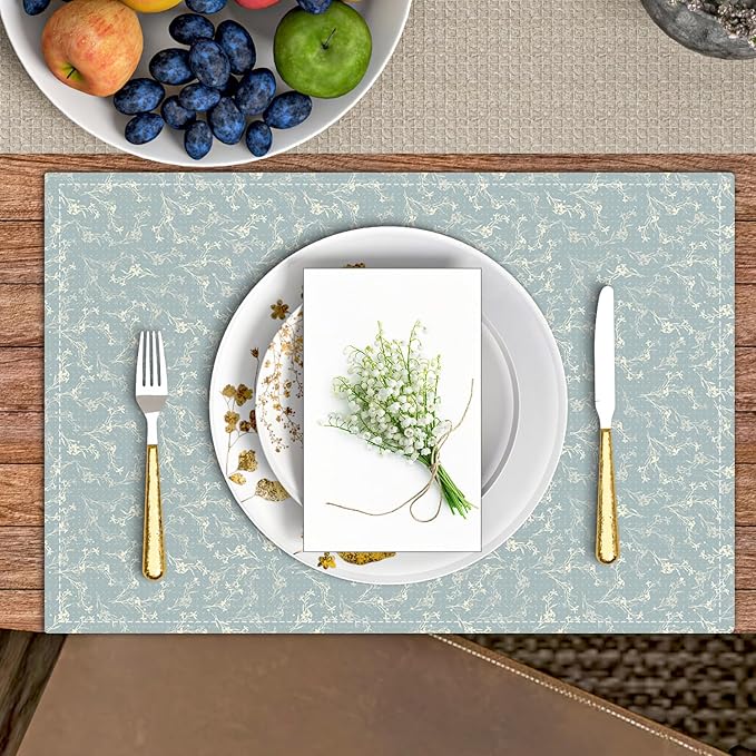 Blue Placemats Set of 4, Flower Table Mat for Home Kitchen, Restaurants, Outdoor Linen Washable Place Mats 12x18 inch Party Event Dining Decoration-13