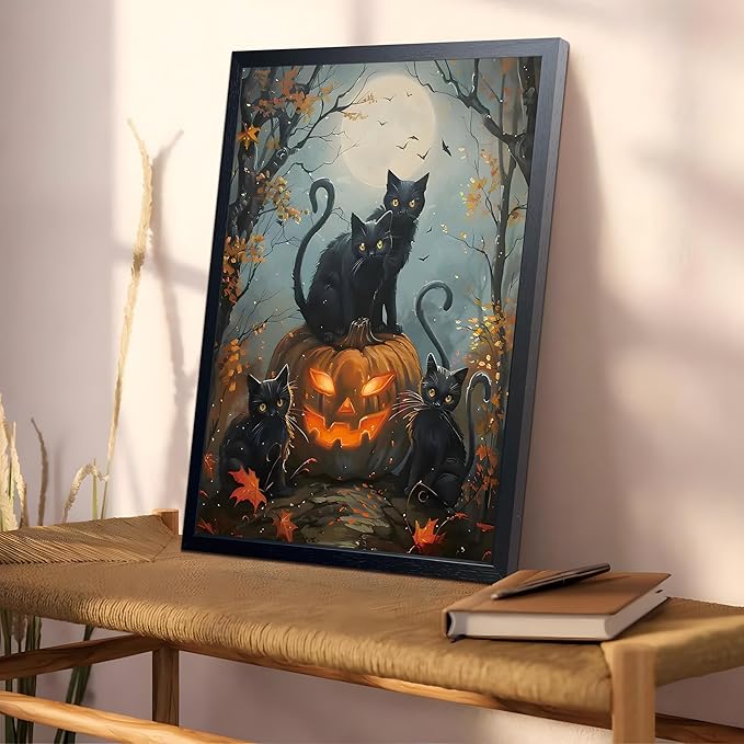Halloween Black Cat Wall Art, Dark Academia Spooky Pumpkin Poster Wall Decor, Vintage Gothic Witchy Cat Canvas Print, for Bedroom Living Room Aesthetic Decor 12x16 Inch Wood Framed