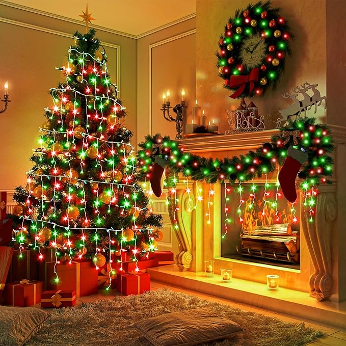 66ft Icicle Lights for Outside, Red and Green Christmas Lights Outdoor Indoor, 640 LED Twinkle String Lights with 120 Drops, Clear Wire Short Curtain Light for Thanksgiving Room Home Wall Bedroom