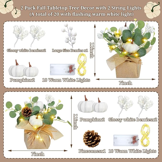 Janinka 2 Set 11 Inch Fall Decorations for Home White Pumpkins Eucalyptus Tables Centerpieces Artificial Pine Cones Berry Stem Picks Decor with 20 LED Lights for Autumn Thanksgiving Decorations