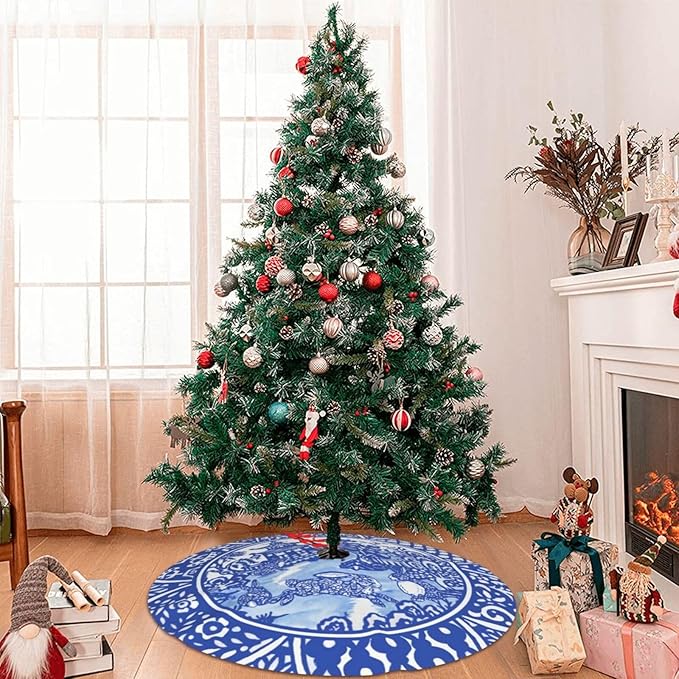 48" Large Christmas Tree Skirt Blue Oriental Rabbit Whimsical Pattern Tree Mat Base Cover for Xmas Festive Holiday Party Decoration Ornaments
