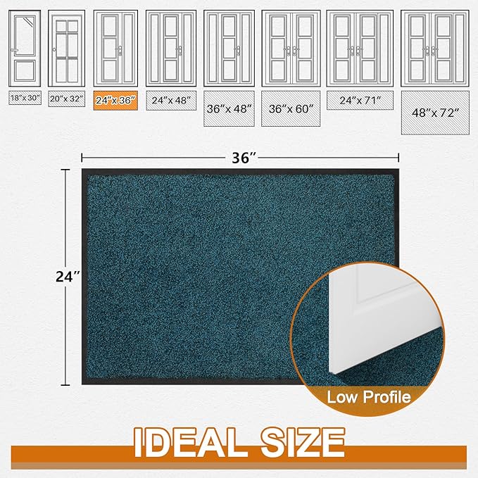 Mibao Front Door Mat, Dirt Trapper Welcome Mat for Outdoor Indoor, Non-Slip Waterproof Doormat, Durable Machine Washable Low Profile Entry Rug for Back Door Outside Patio Porch, 36" x 24", Blue