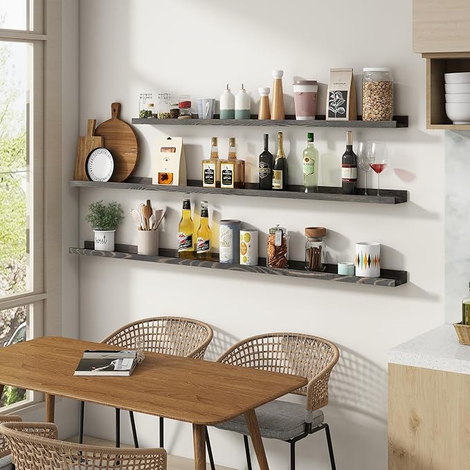 24 Inches Floating Shelves for Wall, Solid Pine Wood Picture Ledge Shelves, Wall Shelves with Lips, Nursery Book Shelves for Toys Storage Living Room Bedroom Photo Frames (2 Pcs, Grey)