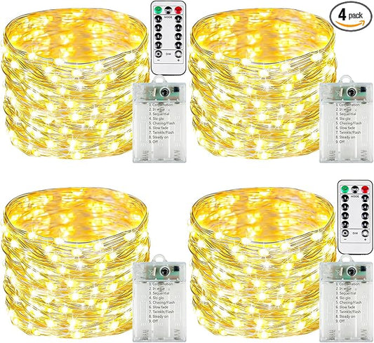 4 Pack Fairy Lights Battery Operated with Remote Control Timer, LED String Lights Outdoor Indoor Decorations, 8 Modes Twinkle Lights for Christmas Party Wedding Birthday Bedroom Décor (Warm White)