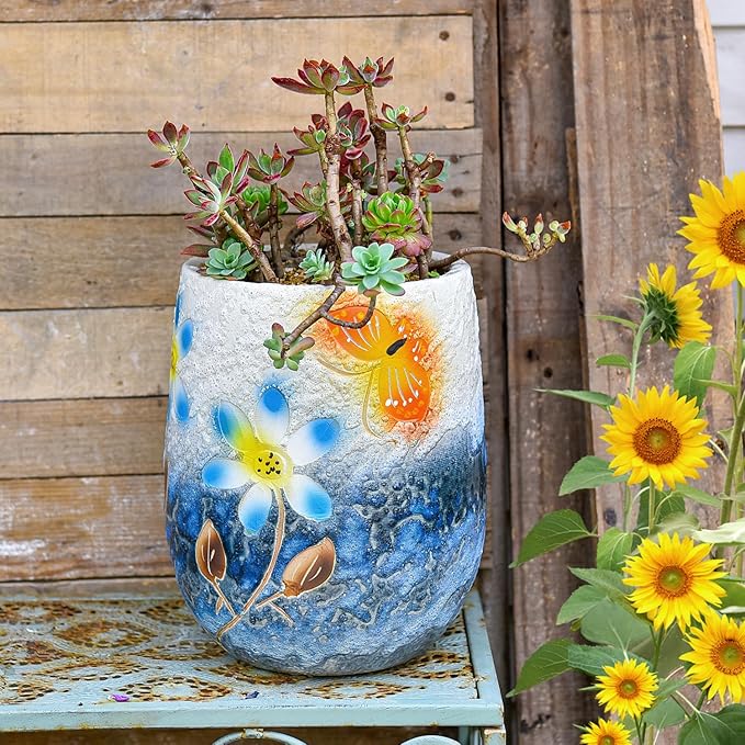 Sungmor 10.6 Inch Ceramic Succulent Plant Pot with Drainage Hole, Hand Painted Flower Pots for Plants, Unique Texture Decorative Planter for Indoor and Outdoor, Pottery Vase for Home Office Decor