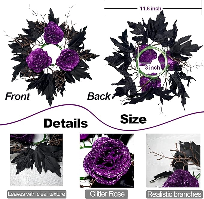 2pcs 11.8" Halloween Candle Rings Wreaths Artificial Glitter Purple Roses Dead Branches Black Leaves Candle Rings Holder Halloween Mini Wreaths for Table Centerpiece Home Dinner Table Christmas Decor