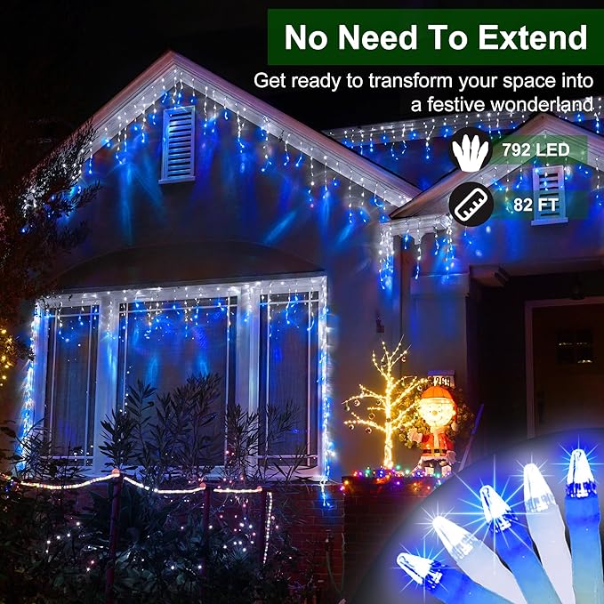 792 LED Icicle Lights, 82ft 8 Modes Fairy Hanging String Lights with Time Waterproof, Plug-in Christmas String Lights for Holiday Wedding Party Decorations, Blue & CoolWhite