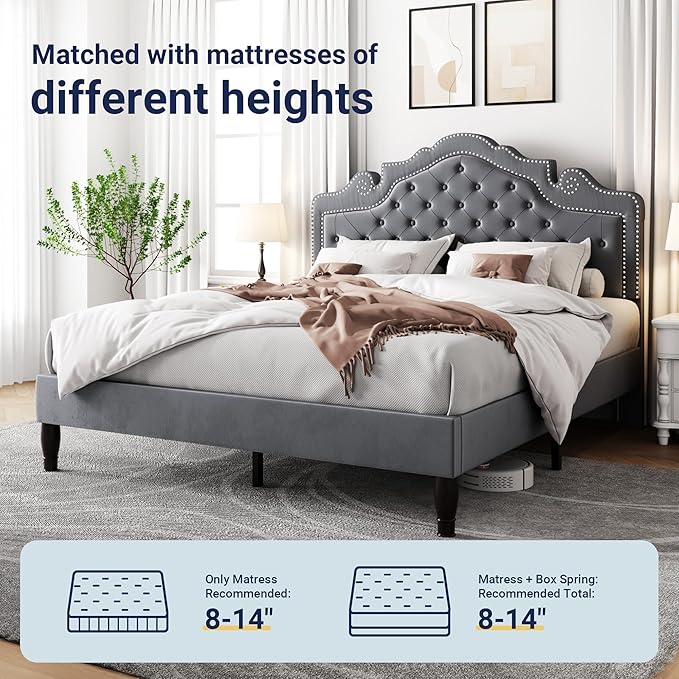 Allewie Queen Size Bed Frame with Adjustable Velvet Tiara Headboard, Upholstered Diamond Button Tufted Platform Bed, Wood Slats Support, No Box Spring Needed, Light Grey