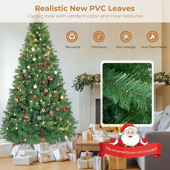 7.5 ft Artificial Christmas Tree with 1300 Branch Tips, Holiday Xmas Tree with Foldable Base and Easy Assembly, Outdoor Christmas Trees for Yard Porch Home Office Party Decoration, Green