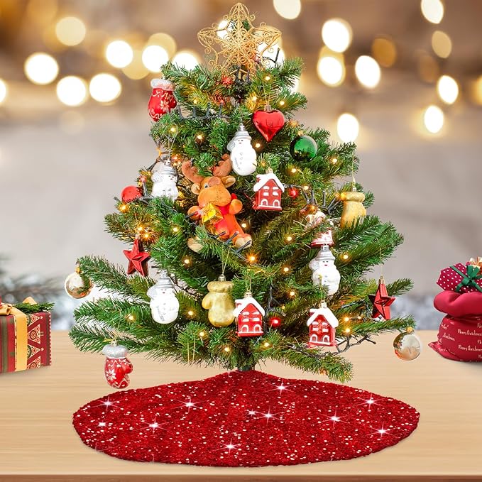 MODFUNS Red Christmas Tree Skirt Mini Glitter Tree Skirts 21 Inch Sequin Xmas Tree Skirt Thick Velvet Tree Mat Small Sparkly Tree Skirts Bling Christmas Tree Skirting Collar for Winter Holiday Decor