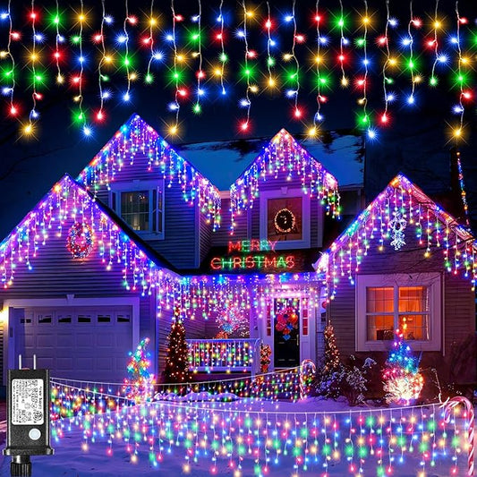 Icicle Lights for Outside, 16.5FT 200 LED Icicle Christmas Lights with 8 Modes Waterproof, Plug In Curtain String Light for Indoor Outdoor Bedroom Patio Party Wedding Decorations, Multicolor