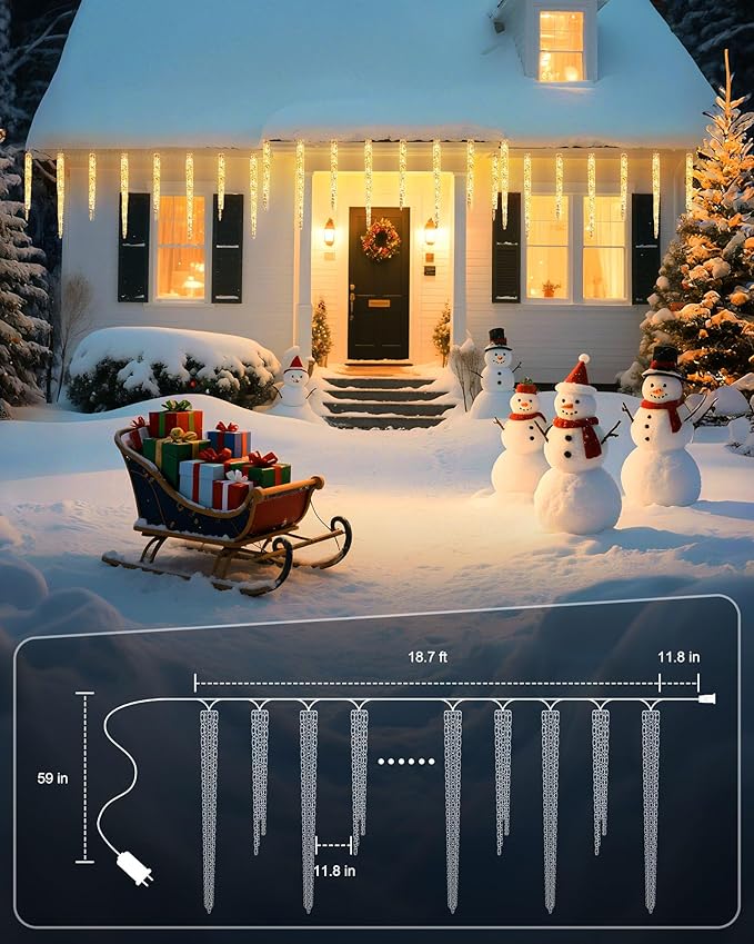 Minetom Icicle Lights Outdoor with Clips, 2 Pack Total 40ft 200 LED 40 Tubes Twinkling Ice Shape String Lights, Connectable Hanging Christmas Lights Plug in for Eave Holiday Outdoor, Warm White