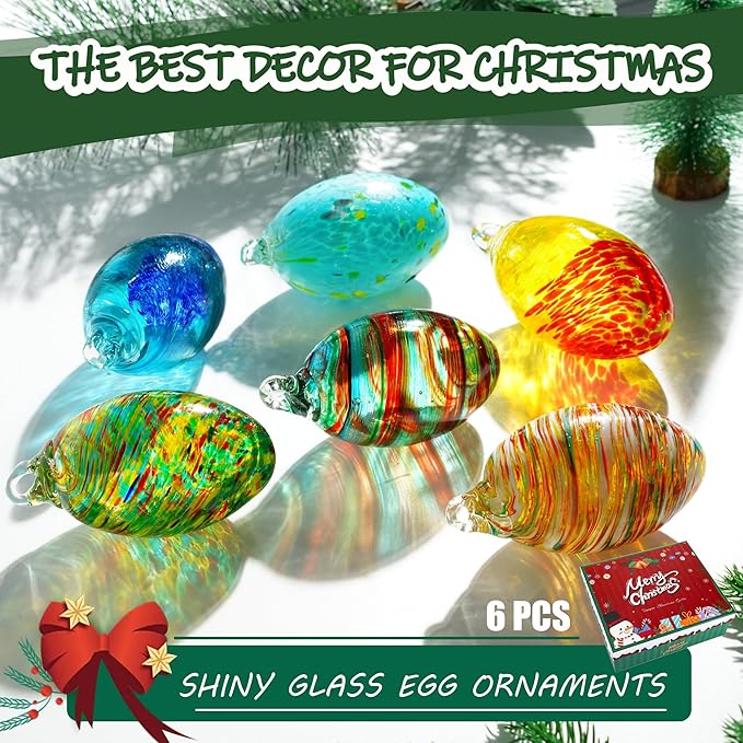 Set of 6 Hand Blown Glass Egg Ornaments Hanging Gazing Ball Witches Ball Friendship Decor for Home Outdoor Wedding Party
