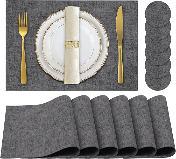 Faux Leather Placemats Set of 6,Heat Resistant Placemats for Dining Table, Easy Clean Non-Slip Place Mats, Waterproof Stain Resistant Wipeable Washable PU Table Mats, (Dark Grey)