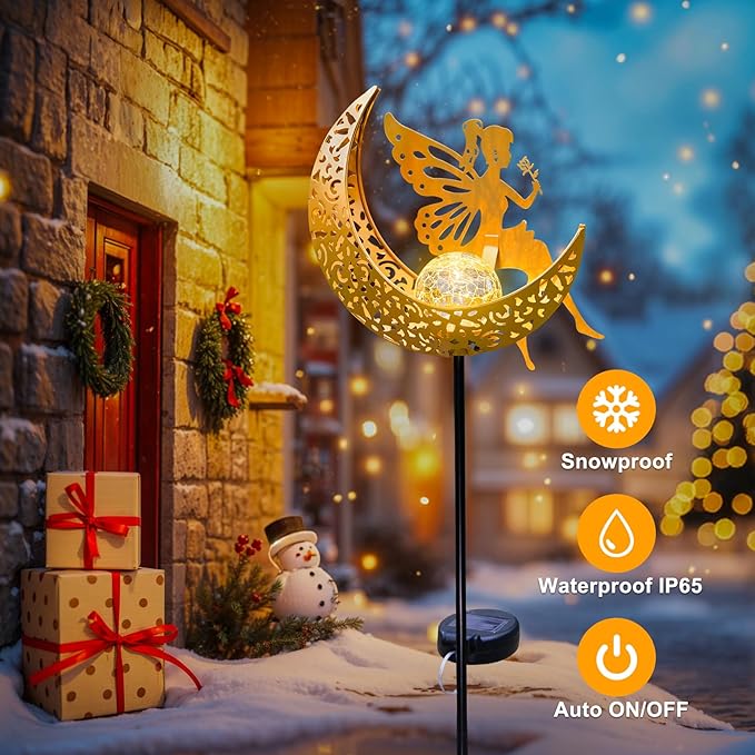 Fairy Moon Solar Lights Outdoor Garden Gifts for Mom Yard Decorations Stakes Lights, Waterproof LED Outside Backard Decor, Lawn Patio Ornaments, Mothers Day Birthday Gifts for Mom (Gold,1Pack)