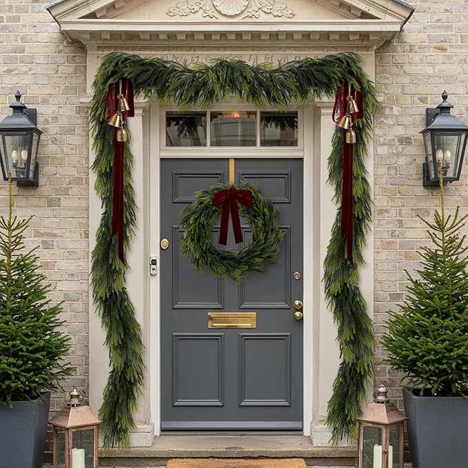 N&T NIETING 6FT Christmas Norfolk Pine Garland Real Touch Pine Artificial Garlands Faux Greenery Garland Winter Christmas Garland for Table Mantle Holiday Indoor Outdoor Xmas Decorations (4 Pcs)