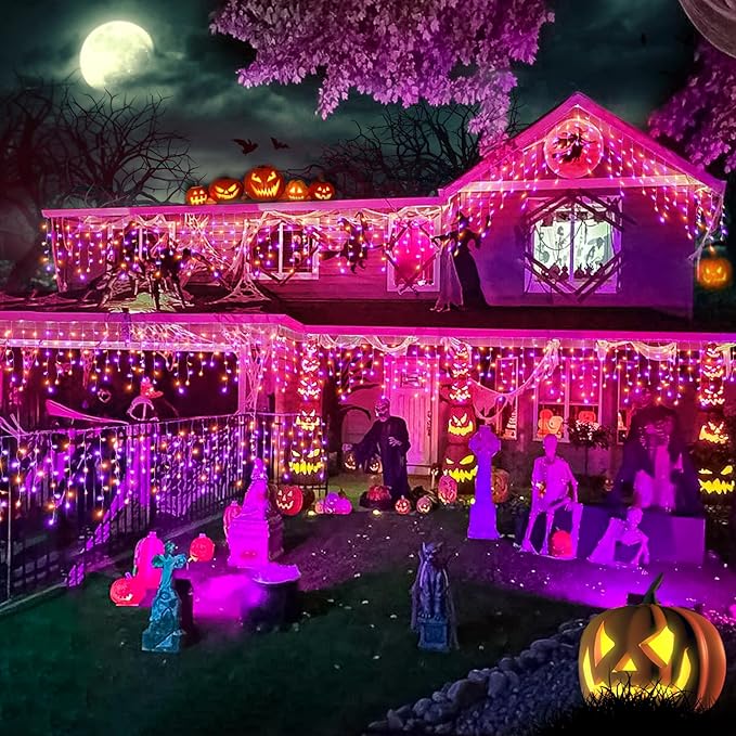 Orange and Purple Halloween Lights Outdoor, 33FT 400 LED Icicle Lights for Outside with Waterproof 8 Modes, Plug in Timer String Twinkle Light for Indoor House Yard Party Holiday Decorations