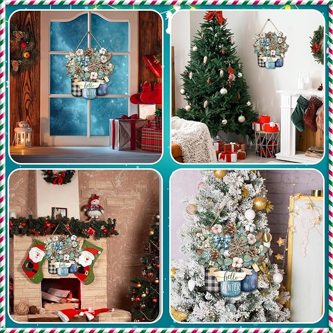 Boao Welcome Winter Door Decoration Hello Winter Wooden Sign Wall Snowflake Hanger Plaque for Christmas Outdoor Indoor Farmhouse Porch Decor