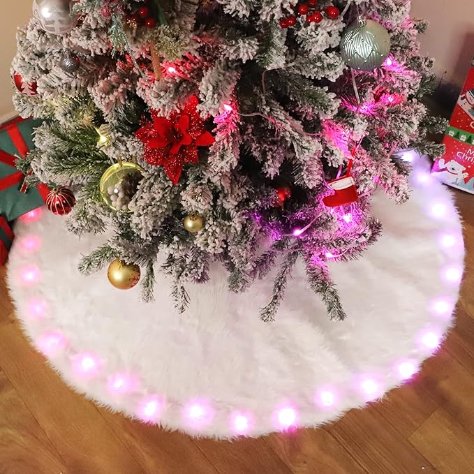 35 Inch Faux Fur Christmas Tree Skirt with Lights Soft Snow White Plush Tree Mat Christmas Decorations Fluffy Tree Skirts Xmas Holiday Party Indoor Decorations