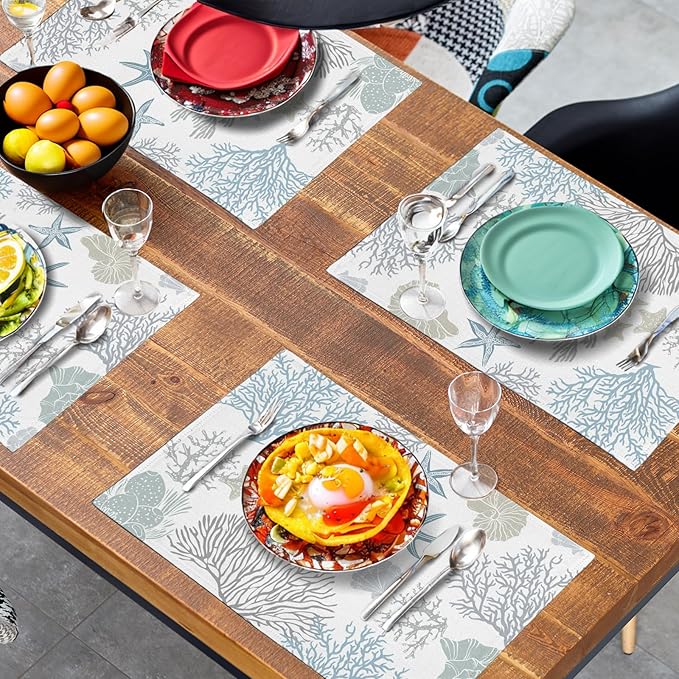 Summer Linen Placemats Set of 4 Nautical Coastal Theme Washable Non-Slip Heat Resistant Table Place Mat 12×18 Inch Ocean Beach Blue Grey Coral Starfish Place Mats for Kitchen Dining Table