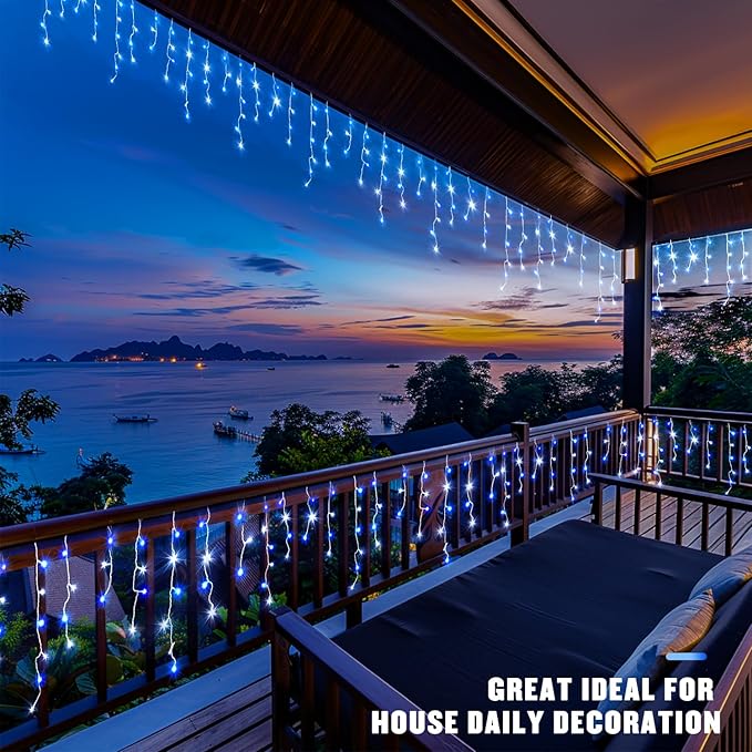 JMEXSUSS Blue&White Icicle Lights - 38.8FT 400 LED Icicle String Lights with Remote for Indoor/Outdoor, House, Bedroom, Fireplace, Birthday, Christmas Decorations