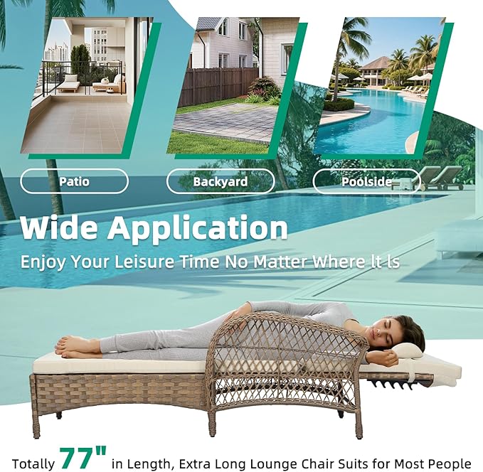 VIVIJASON Outdoor Wicker Chaise Lounge Chair, All-Weather PE Rattan Cushioned Patio Lounger Chair, 6-Position Adjustable Pool Sunbathing Recliner with Armrest & Pillow for Poolside Deck Yard, Beige