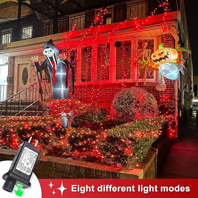 400 LED Red String Lights Outdoor, 132ft Red Christmas Lights 8 Modes Clear Wire, Plug in Waterproof Fairy String Lights for Bedroom Christmas Decorations