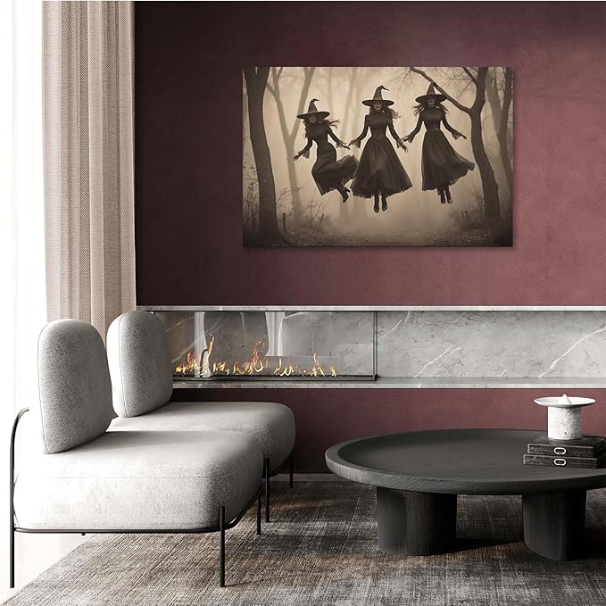 JFHCQJPK Three ghost witches flying in vintage forest gothic wall art witchcraft decoration holiday gift canvas wall art print20x30in Frameless