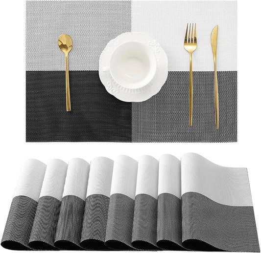 Leetaltree Gray with White Grid Pattern Placemats Set of 8 - Heat Resistant Non-Slip Place mats for Dining Table, Washable Durable PVC Vinyl Woven Table Mats（Grey Grid, 8）