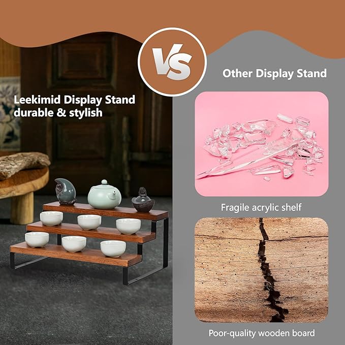 3 Tier Wooden Display Riser Stand Perfume Organizer with Metal Stand, Dessert Table Display Set, Food Display Stands for Party, Brown Rustic Solid Wood Shelf for Cupcakes, Perfume, Cologne, Spiece