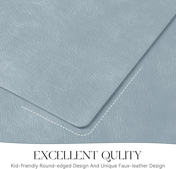 MOSAYT Vinyl Placemats Set of 8-12 X 17 Inch - Faux Leather 100% Waterproof Oil-Proof Wipeable PU Place Mats, Heat Resistant Reversible Table Mats for Kitchen, Dining, Outdoor (Light Grayish Blue)