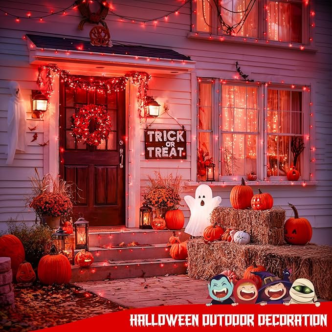 JMEXSUSS Total 200 LED Red Lights Halloween Outdoor, 2 Pack Solar Halloween Lights Outdoor Waterproof, 8 Modes Red Solar Light for Outside Christmas Tree Yard Garden Decor