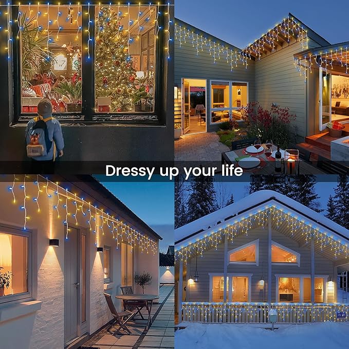 200ct Blue&Clear Mini Icicle Christmas Lights, 23FT White Wire Incandescent Bulb String Lights, Connectable Indoor Outdoor for Eaves, Window, Curtain, Party, Wedding
