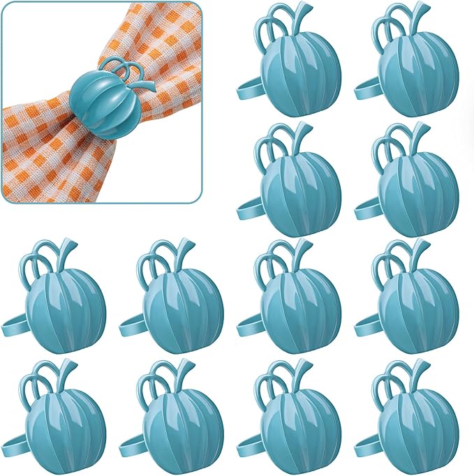 Patelai 12 Pieces Pumpkin Napkin Rings Fall Napkin Holders Thanksgiving Halloween Dinner Tables Rings for Thanksgiving Dinner Party Weddings Family Gatherings (Blue)
