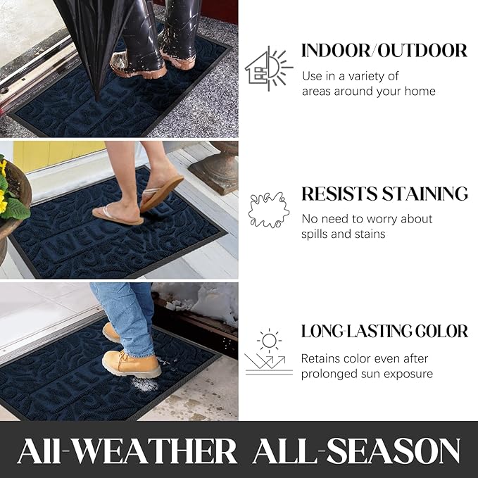 Yimobra Welcome Mat Outdoor, 36x24 Waterproof Door Mat Outside Entrance, All-Weather Non Slip Front Door Mat, Low-Profile Entryway Mat Indoor, Porch and Patio, Blue