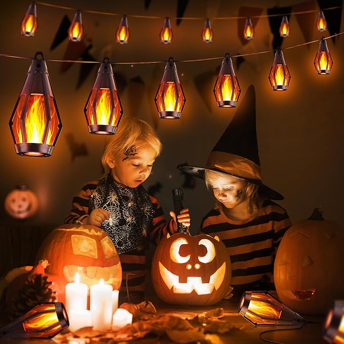 iBaycon Solar Halloween Lights, 42Ft 15 LED Bulbs Flickering Flame String Light, Outdoor Waterproof Solar Flame Lights for Garden Yard Patio Halloween Decorations (Warm White)