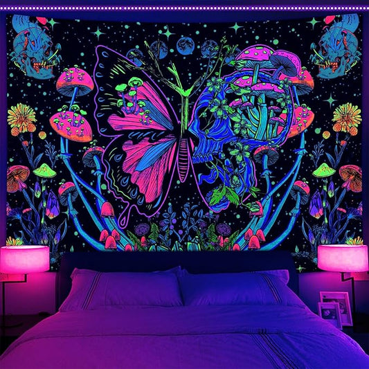 Xiaoput Blacklight Skull Butterfly Tapestry, Trippy UV Reactive Mushroom Wall Hanging Tapestries, Glow in The Dark Hippie Skeleton Aesthetic Moon Tapestry for Living Room Home Dorm Decor 40X30IN