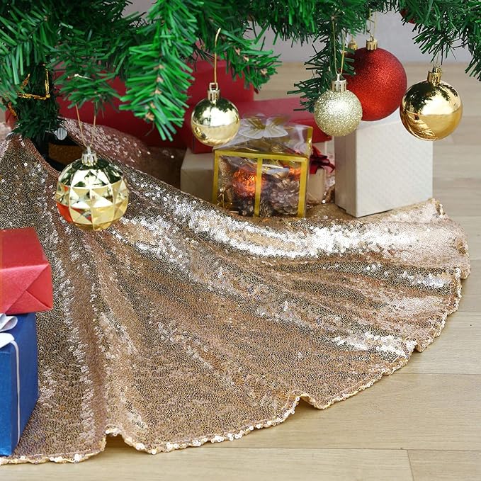 36 Inches Christmas Tree Skirt Champagne Gold Tree Skirt Sequin Glitter Tree Skirt for 4ft Tree Christmas Decoration