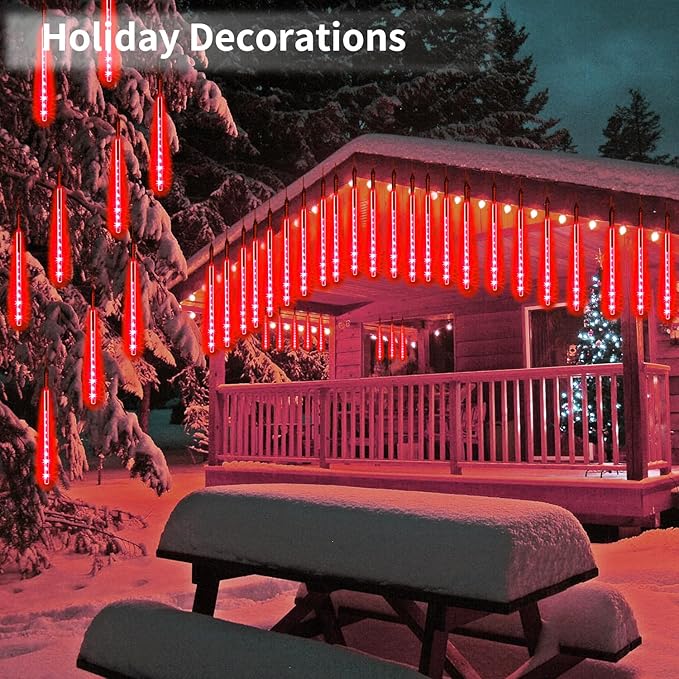Christmas Meteor Shower Rain Lights, 10 Tube 12 Inch 240 LEDs Icicle Outdoor Raindrop for Xmas Halloween Wedding Party Tree Holiday Decoration, Red