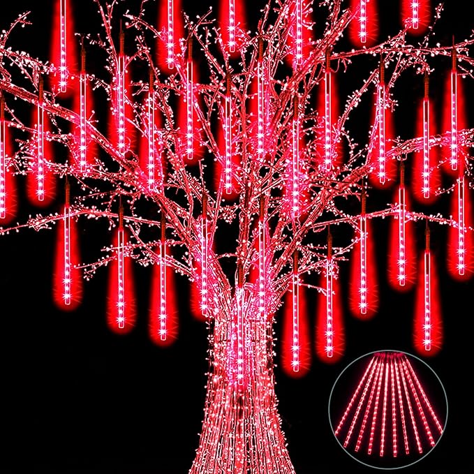 Christmas Meteor Shower Rain Lights, 10 Tube 12 Inch 240 LEDs Icicle Outdoor Raindrop for Xmas Halloween Wedding Party Tree Holiday Decoration, Red