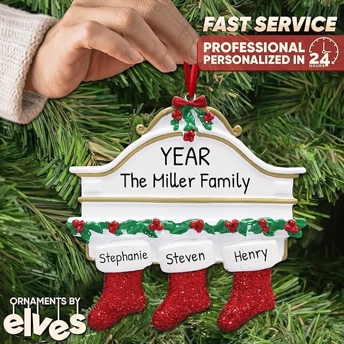 3D White Mantle Family of 3 Christmas Ornament 2025 Personalized Family Christmas Ornaments 2025 | Garland Fireplace Personalized Tree Ornaments Customizable Gifts Red Stockings of Three Ornament