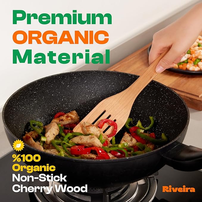 Riveira Cherry Wooden Spoons for Cooking Set of 9 – Natural Cherry Wooden Cooking Utensils, Wooden Spatula, Wooden Spoon - Premium Quality Wooden Utensil Set for Non-Toxic Cooking