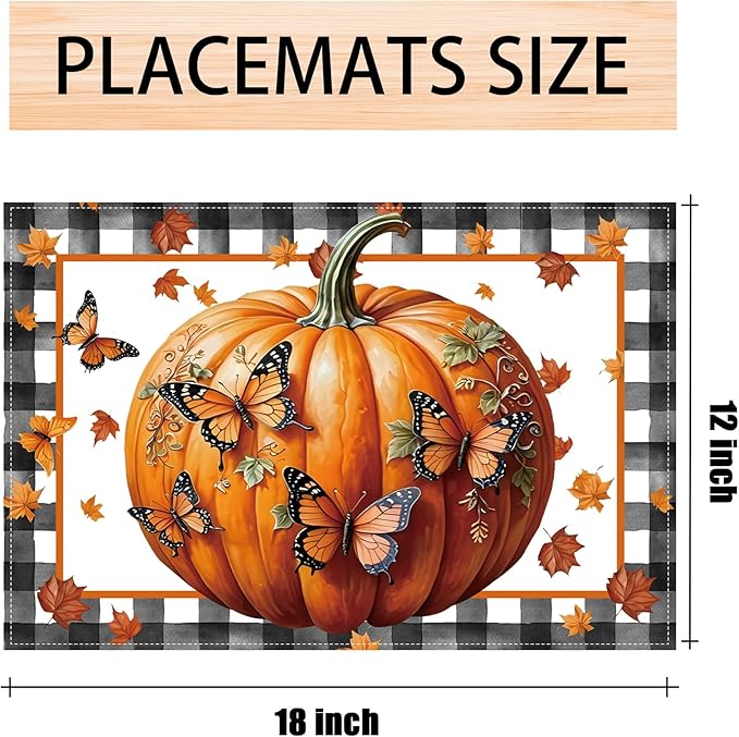 Linen Fall Placemats Set of 4 Fall Table Mats Farmhouse Pumpkin Butterfly Decor for Home Autumn Thanksgiving Home Kitchen Dining Room Table Decorations