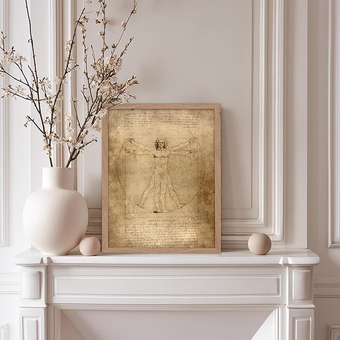 Poster Master Classic Leonardo Da Vinci Poster - Vintage Renaissance Print - Gift for Artist, Friend - Vitruvian Man, Proportion, Symmetry, Human Body - Wall Decor for Office, 8x10 Beige Framed