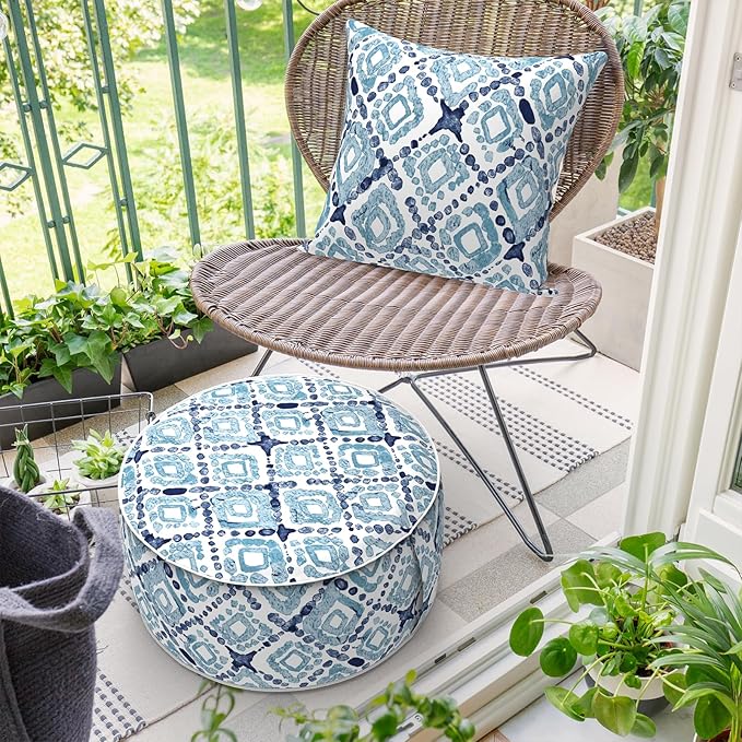 Inflatable Ottoman Stool D21 xH9 for Outdoor/Indoor Use, Water Repellent Patio Foot Rest with Portable Handle,Round Pouf Ottoman Suitable for Garden,Deck and Camping - Boho Geometry Blue