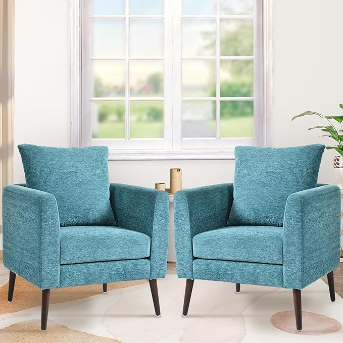 Barrel Accent Chair Set of 2 with Back Pillow, Large Upholstered Armchair with Solid Wood Legs Modern Reading Chairs for Living Room Bedroom