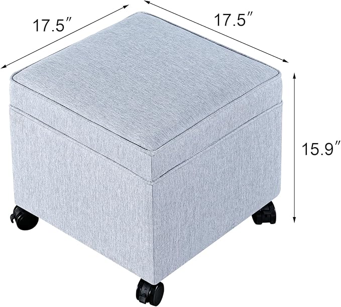 Adeco 17.5" Square Fabric Ottoman with Storage, Upholstered Cotton Linen Foot Rest, Flip Top Footstool, Small Cube Coffee Table Extra Seat for Living Room, Bedroom, Ice Blue with Rolling Legs