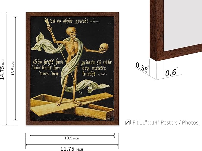 Poster Master Vintage Medieval Poster - Retro Gothic Print - Gift for Artist, Friend - Allegory of Life and Death, Skeleton, Dark, Skull - Wall Decor for Home, Living Room, 11x14 Brown Framed
