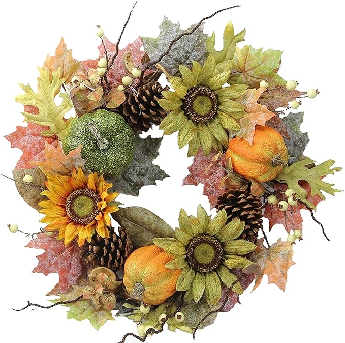 Admired By Nature 24 Inch Artificial Fall Pumpkin Sunflowers Wreath Wall Door Farmhouse Decor For Home Office Thanksgiving Harvest Wreaths For Front Door Cemetery Wreaths Indoor Outdoor, Green/Autumn